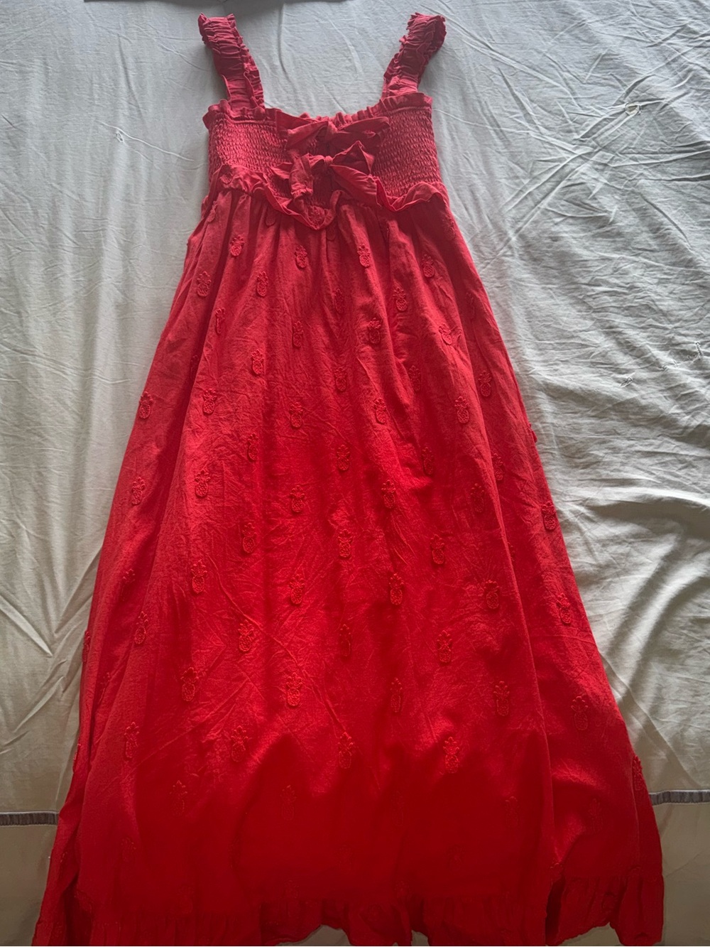 FARM Rio Red pineapple Embroidered Maxi Dress with Smocked Bodice